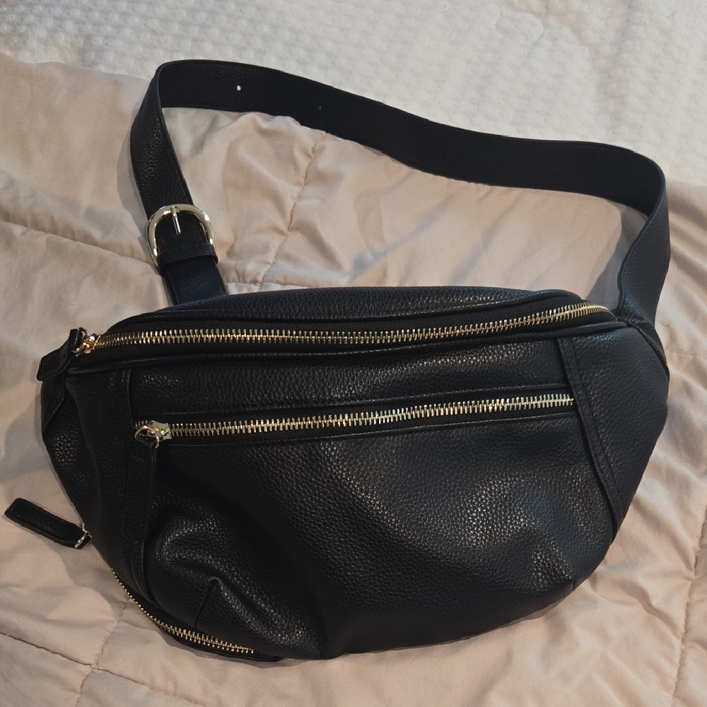 Black Leather Belt Bag with Gold Accents